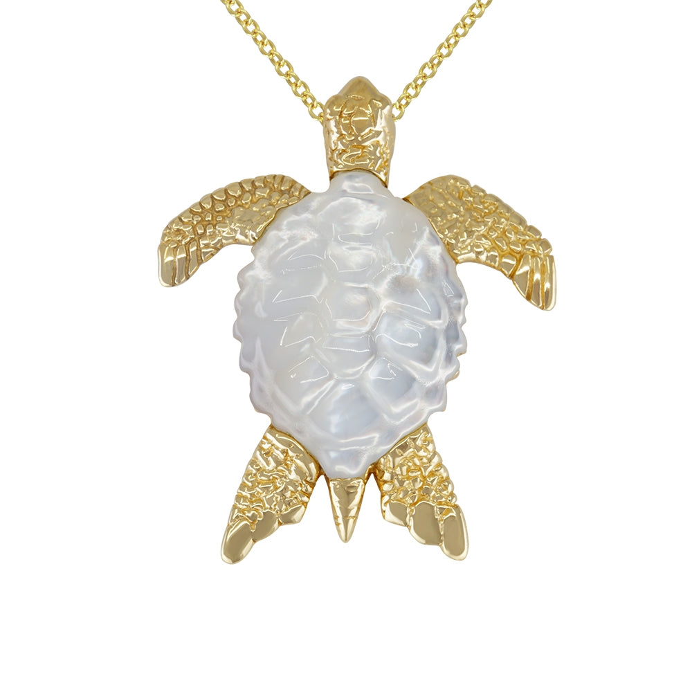 14K Yellow Gold Kabana Carved Mother Of Pearl Turtle Pendant and Chain