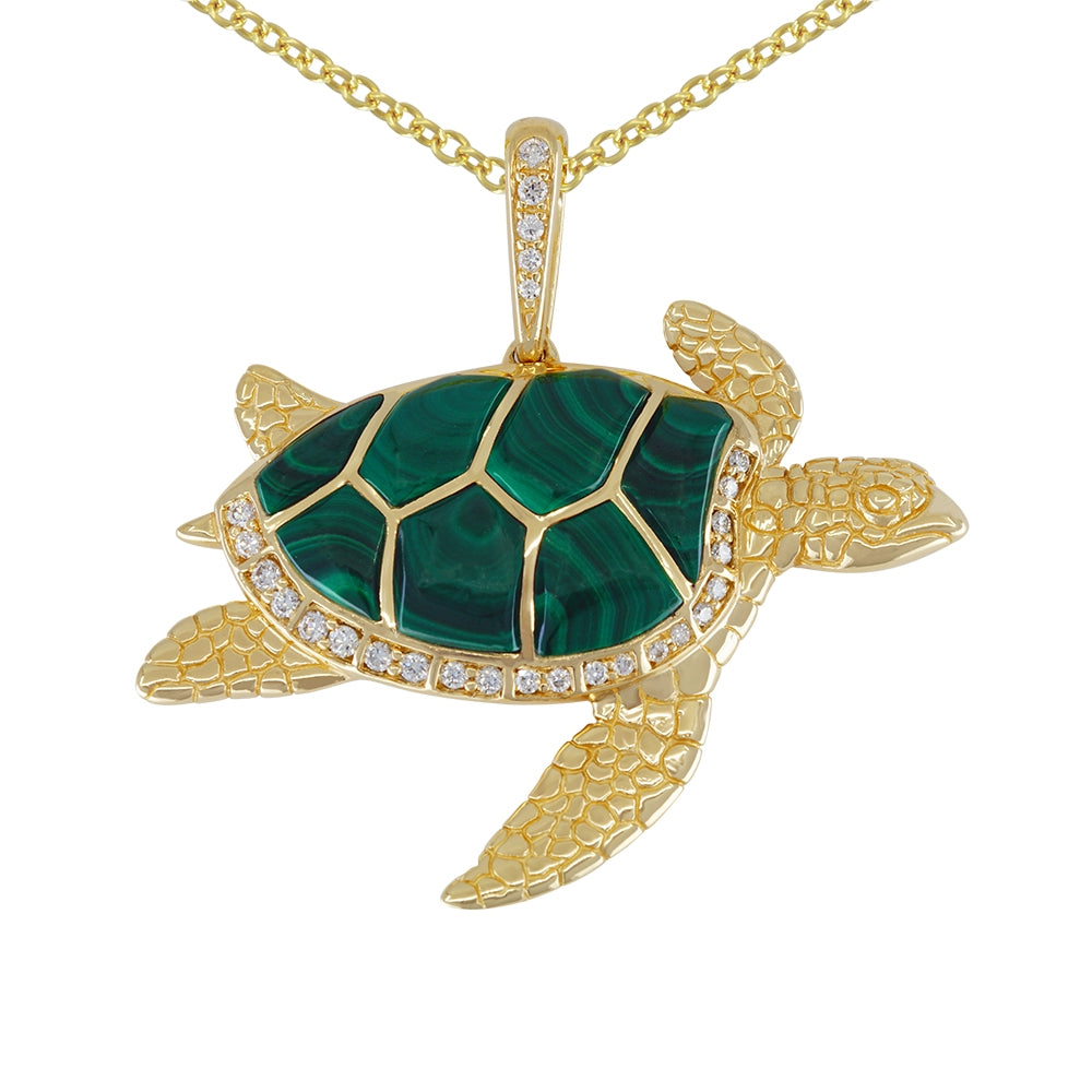 14K Yellow Gold Kabana Inlayed Malachite and Diamond Sea Turtle Pendant and Chain