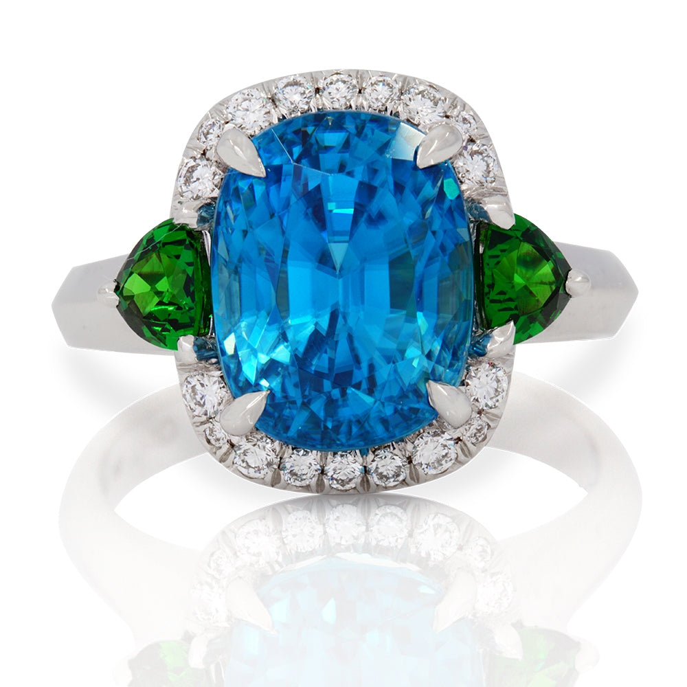 18K White Gold Blue Zircon, Tsavorite Garnet and Diamond Omi Prive Ring